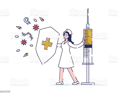 건강 관리 및 어린이 예방 접종의 개념 백신의 큰 방패와 주사기를 가진 의사 소아과 의사 여자 어린이 예방 접종 및 보호 만화