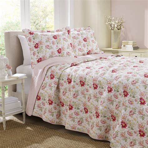 Laura Ashley Cotton Peony Garden Rose Reversible 3 Piece Quilt Set