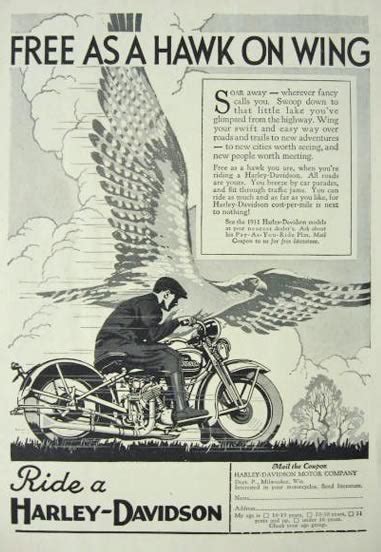 Sample ad copy or tagline: 1931 Harley Davidson Ad ~ Free as a Hawk, Vintage ...