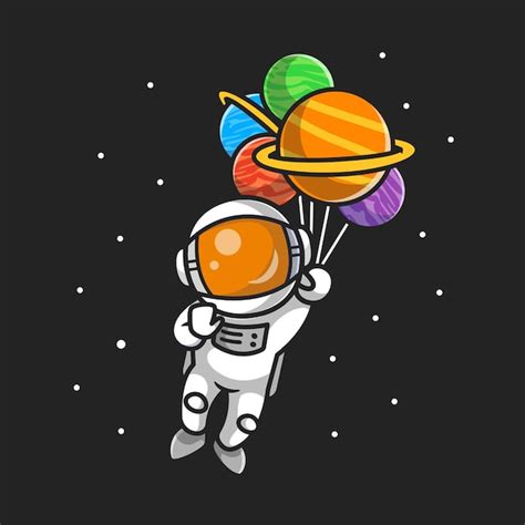 Lindo Astronauta Volando Con Globos De Planeta En Dibujos Animados De