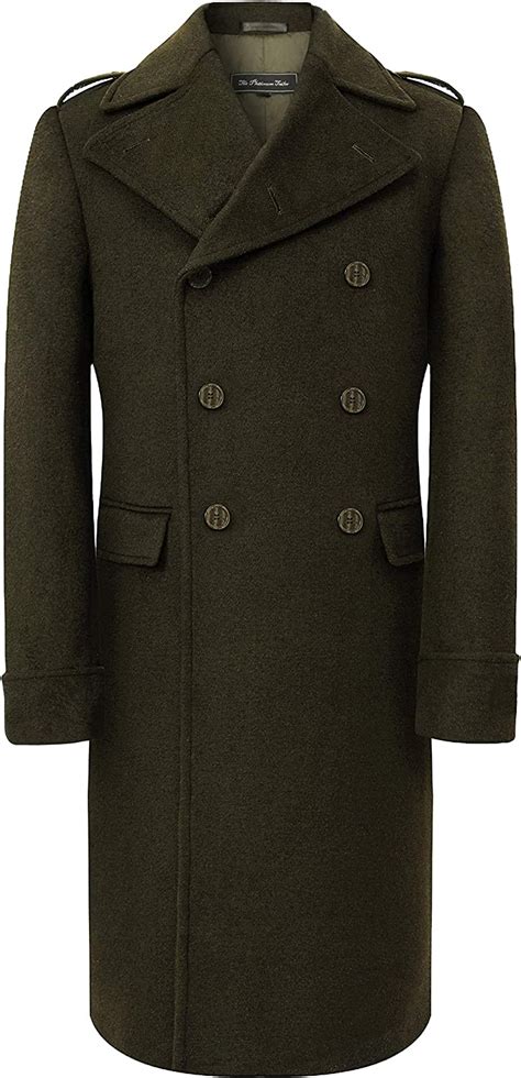 Mens Olive Green Overcoat Wool Cashmere Great Coat Long Double