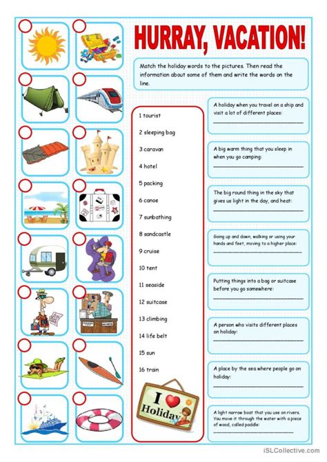 Vacation Matching Exercise Pictur English Esl Worksheets Pdf And Doc