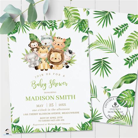 Cute Greenery Jungle Animals Safari Baby Shower Invitation