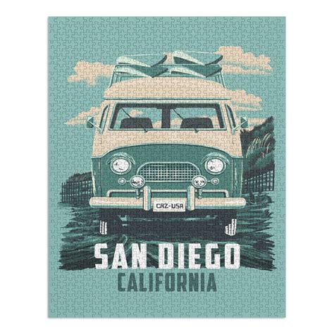 San Diego California Lp Camper Van Letterpress Contour 1000 Piece
