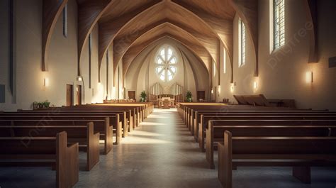 Beautiful Church Interior With Wooden Pews Background 3d Modern Church