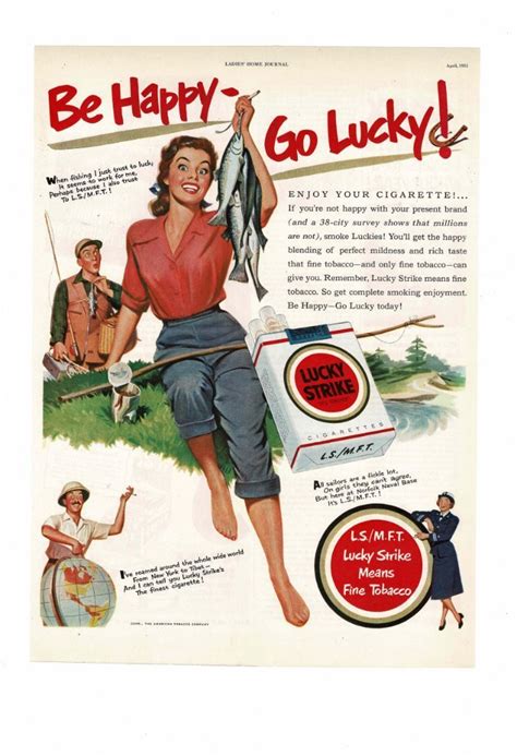 Vintage 1951 Lucky Strike Cigarettes Girl Fishing Be Happy Go Lucky Ad