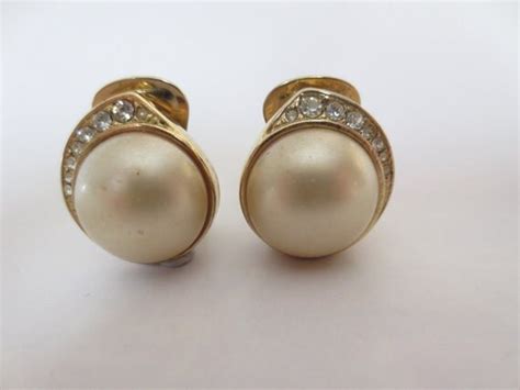 Vintage Large Faux Pearl Clip On Earrings With Diamantes
