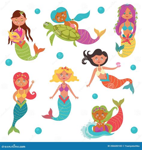 Mermaids Of Sea Fairy Underwater Set On Marine Theme With Mythological