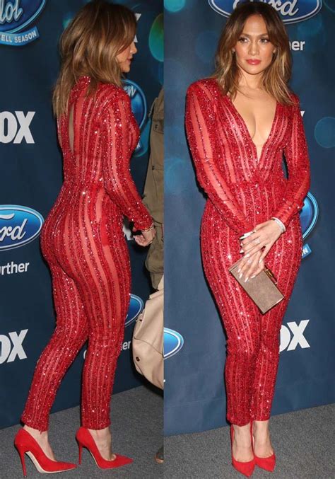 Jennifer Lopez Red Plunging Jumpsuit With Sequins Over Sheer Fabric