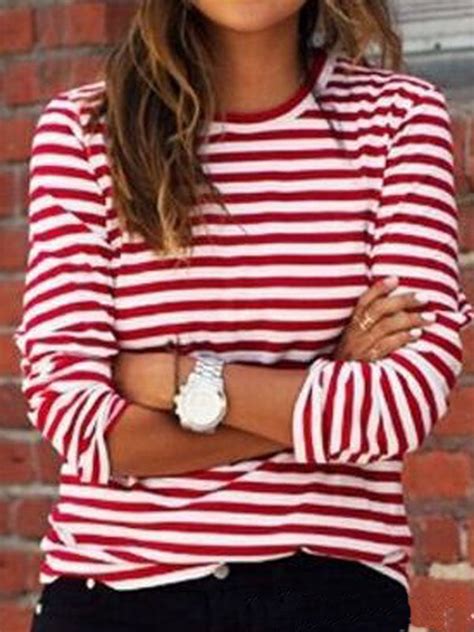 red white striped print long sleeve round neck fall fashion casual t shirt autumn fashion casual