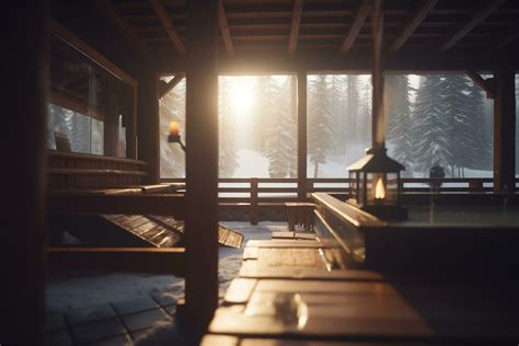 Early Morning Sauna In Snowy Mountain Hostel With Sunlit Windows And
