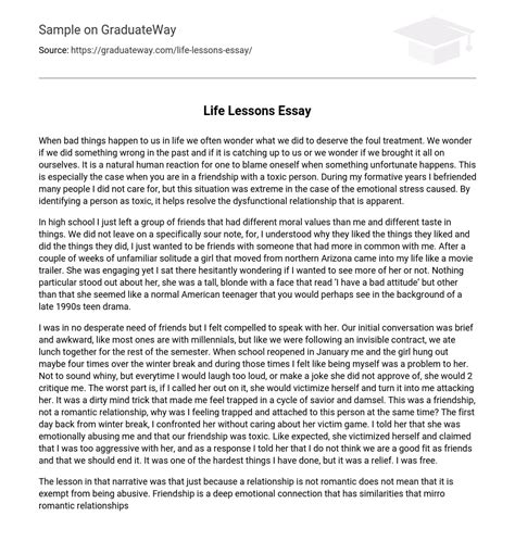 ⇉life Lessons Essay Narrative Essay Essay Example Graduateway