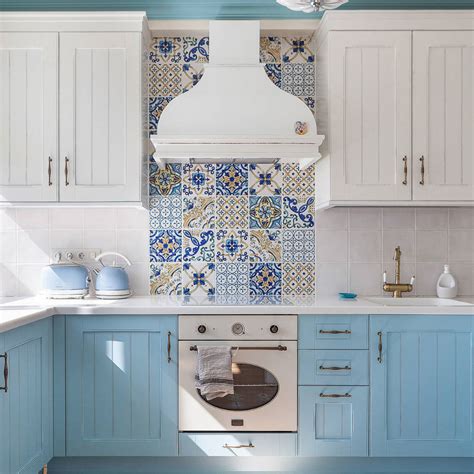 Subway tile is a classic choice for a kitchen backsplash. blue printed backsplash tile mediterranean kitchen blue ...