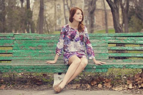 Style Redhead Girl Sitting On The Bench Stock Image Image Of Bench