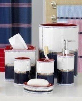 Set of bathroom accessories consisting of trash bin, toothbrush holder, soap dispenser and shower curtain. Tommy Hilfiger Shower Curtain - Foter