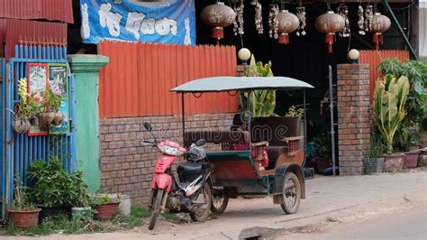 Little Asian Girl Sits In A Moto Rickshaw Near A House With Red Lanterns Editorial Image Image
