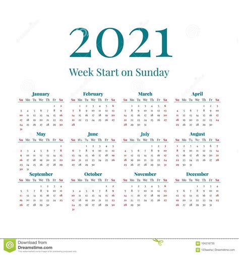 Simple 2021 Year Calendar Stock Vector Illustration Of Annual 104216735