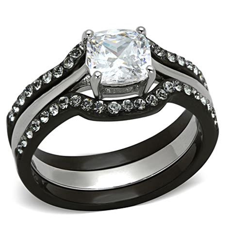 artk1343 stainless steel 1 85 ct cushion cut cz black wedding ring set women s size 5 10