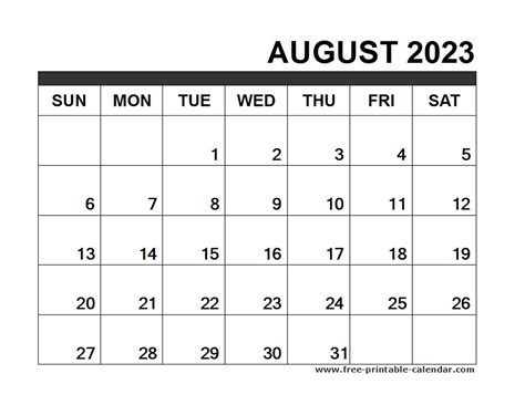 2023 August Printable Calendar Calendars Printable August 2024