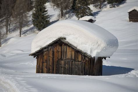 A Wood Cabin Hut In The Winter Snow Background Stock Photo Image Of