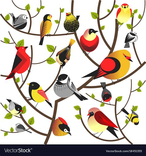 Birds Sitting On Tree Branch Flat Different Vector Image
