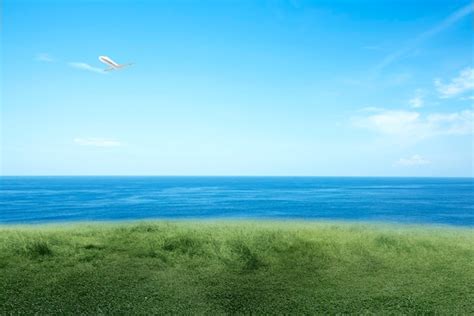 Premium Photo The Scenery Of Green Grass On The Beach With Seascape