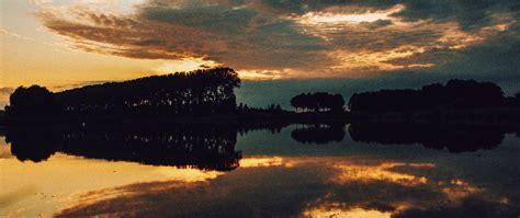 Download Wallpaper 2560x1080 Lake Dusk Sunset Trees Clouds Dual