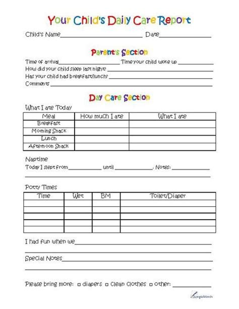 Toddler Day Care Report Pdf Template For Printing Daycare Forms