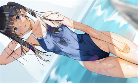 Black Hair Blue Eyes Blush Long Hair Original Pool Sakura Yuu Hzjy8485 School Swimsuit