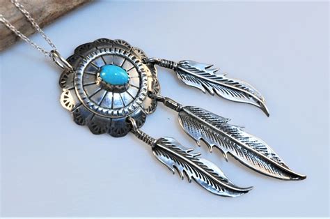 Sterling Silver Native American Turquoise Concho Feather Pendant Southwestern Necklace By