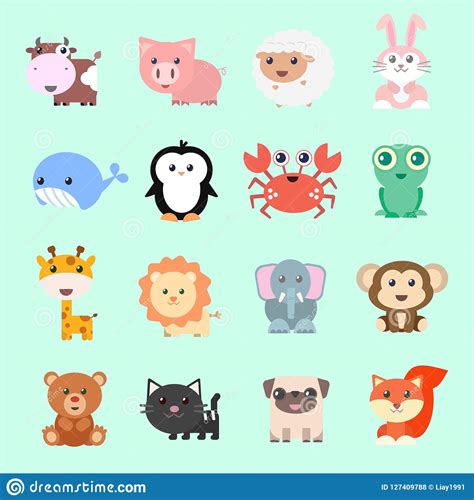 Set Of Vector Funny Animals In Cartoon Style Cute Animals On Color Background Stock Vector