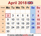 Calendar April 2018 UK with Excel, Word and PDF templates