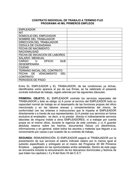 Modelo Contrato De Trabajo A TãRmino Fijo 2019 Colombia Financial Report
