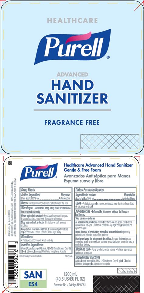 Ndc 21749 822 Purell Healthcare Advanced Hand Sanitizer Gentle And Free Foam Liquid Topical