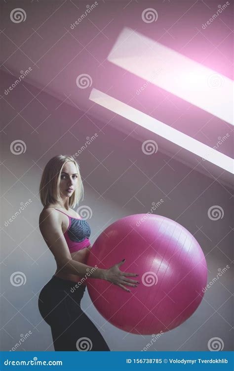Girl Athlete In Sportswear With Pink Fitball Stock Image Image Of Athlete Sportswear 156738785