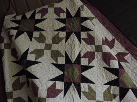 Large Homestead Star Quilt Done In Olive Green Maroon And Black Civil