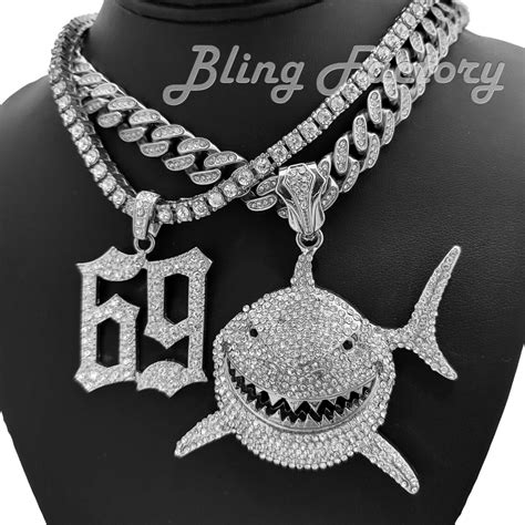 Iced Shark And 69 6ix9ine Pendant And 20 Iced Cuban And 1 Row Chain Bling