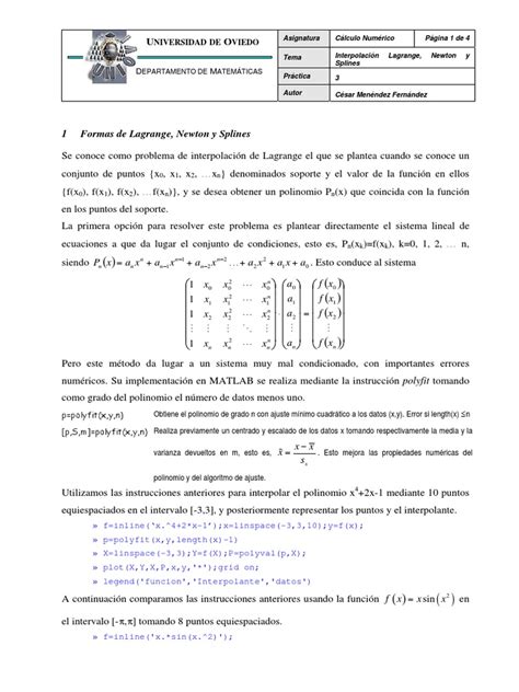 Interpolaci N En Matlab Pdf Spline Matemáticas Análisis Numérico