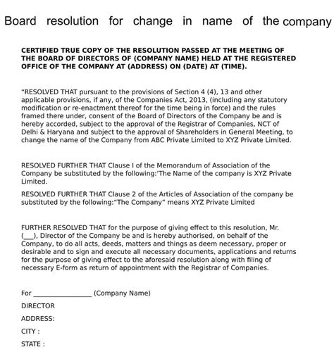 Board Resolution For Change In Name Of The Company Board Resolutions