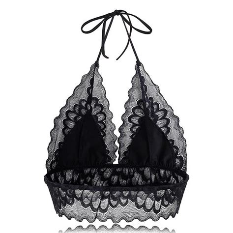 Sexy Halter Triangle Bralettes Deep Plunge Lace Trim Hollow Out