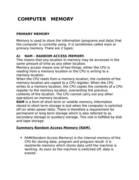 Computer Memory Lecture Notes 3 Computer Memory Primary Memory