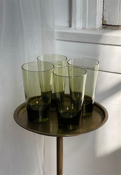 Vintage Set Of Tall Olive Glasses Etsy