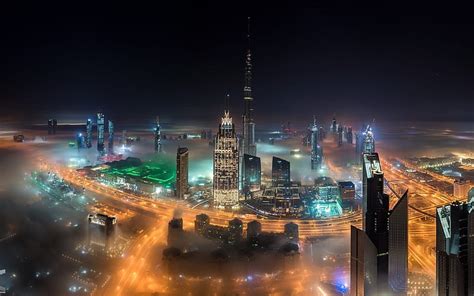 Dubai Skyscrapers United Arab Emirates Fog Night Hd Wallpaper Peakpx