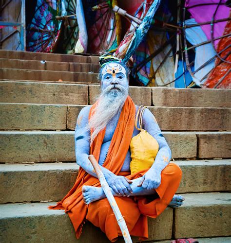 Sadhu Sits Near The River Ganges Varanasi India Editorial