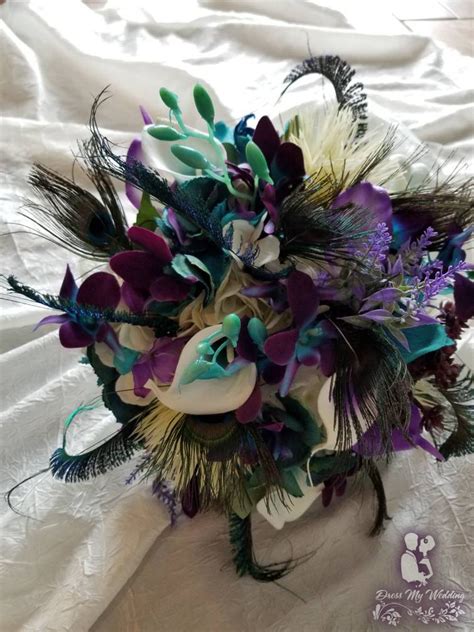 dress my wedding purple teal peacock bridal bouquet