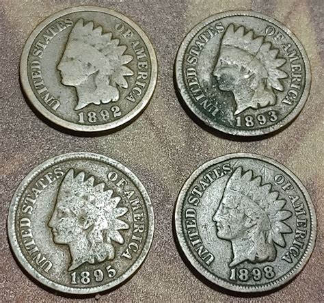 Indian Head Pennies Lot 1892 1893 1895 1898 All Good Condition