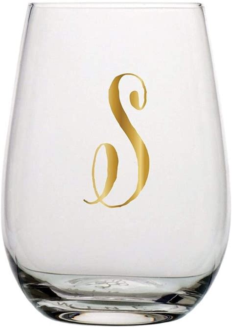 Monogrammed Stemless Wine Glass With Metallic Gold Toned Letter S 20 Ounce