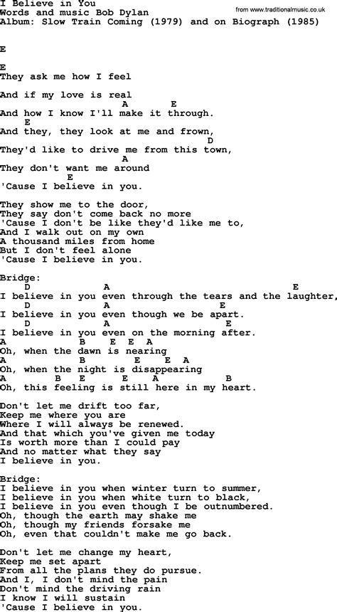 Bob Dylan song - I Believe in You, lyrics and chords