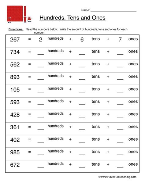 These questions on math worksheet on tens and ones in numbers will help the first grade kids to understand and practice the place value of numbers from 1 to 99. Hundreds Tens Ones Worksheet | Have Fun Teaching