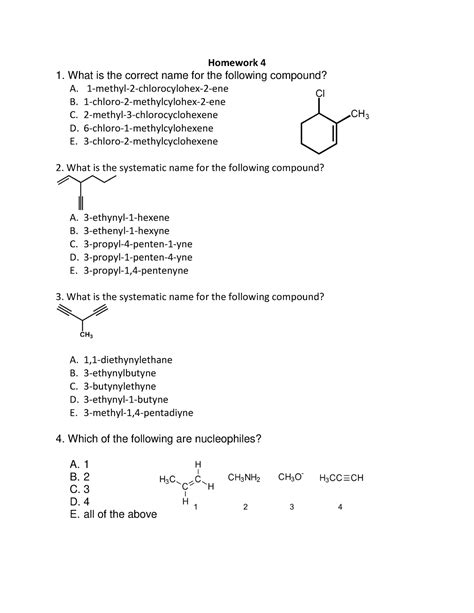 Alkene And Alkyne Reaction Worksheet Homework What Is The Correct Name For The Following